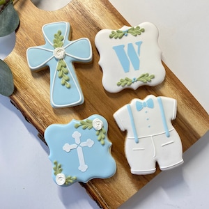 1 Dozen - Personalized Baptism or Christening Cookies for Boys, Religious Cookie Favors