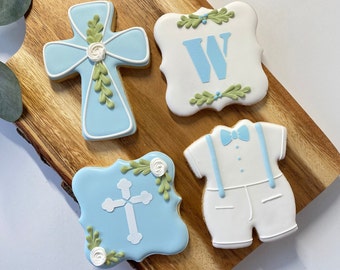 1 Dozen - Personalized Baptism or Christening Cookies for Boys, Religious Cookie Favors