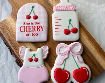 1 Dozen  -She’s the Cherry on Top Baby Shower Decorated sugar cookies - 1 Dozen