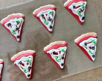 Next ship date is 8/15 -Pizza Slice Royal Icing Edible Decoration Toppers. Use on Cookies, Cupcakes, Cake Pops and more!