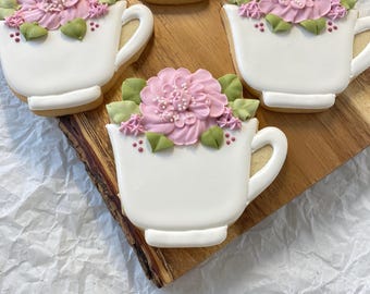 1 Dozen - Love is Brewing Floral Tea Cup Decorated Sugar Cookies,  Tea Party Bridal Shower Favors - 1 dozen