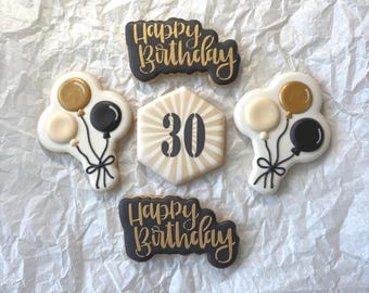 1 Dozen  - Black and Gold Birthday Cookies