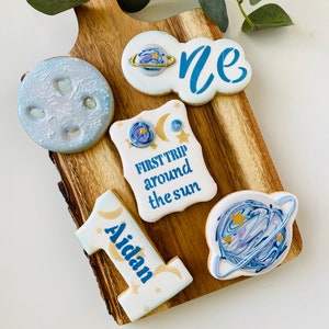 1 Dozen - Personalized First  Trip Around the Sun Cookies,  Outer Space 1st Year  Birthday cookies