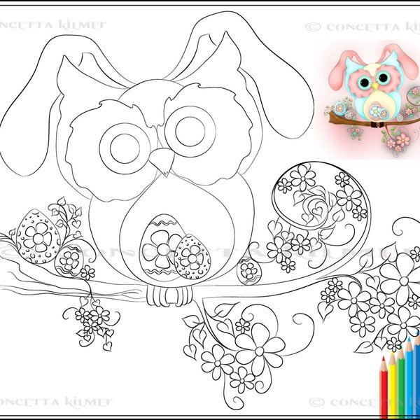 Easter Digi Stamp - Easter Coloring Page - Easter Download - Owl Digi - Owl Download - Coloring Page - Digital Stamp - Image Download