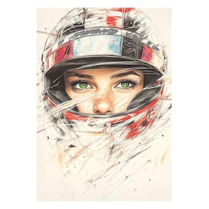 Può includere: Illustrazione di una persona con un casco da corsa. Il casco è bianco con dettagli rossi e neri. Gli occhi della persona sono verdi e la pelle ha lentiggini. L'opera d'arte ha uno stile abbozzato.