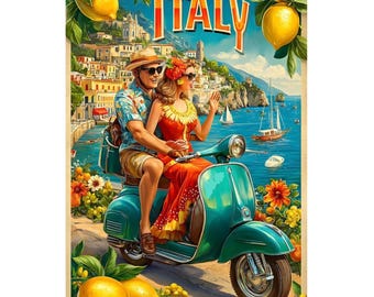 Vintage italienische Küstenroller Druck, petrol Vespa, Pastell Häuser, mediterrane Wandkunst