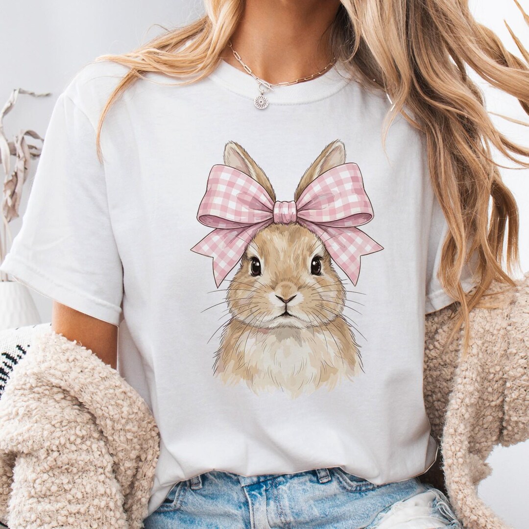 Rabbit T-shirt, Pink Gingham Bow, Retro Whimsical Organic Cotton Tee - Etsy