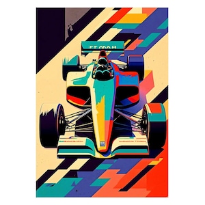 Può includere: Illustrazione stilizzata e colorata di un'auto da corsa di Formula 1. L'auto è raffigurata in tonalità di verde acqua, giallo, rosso e blu, con la scritta "FT ADAH" sullo spoiler. Lo sfondo presenta strisce diagonali e forme geometriche.