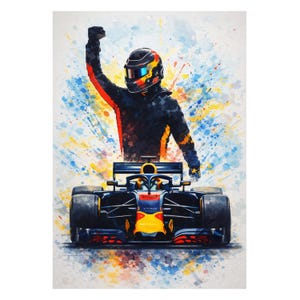 Stampa artistica di un pilota di sport motoristici, vibrante posa celebrativa, pennellate energiche, decorazione murale
