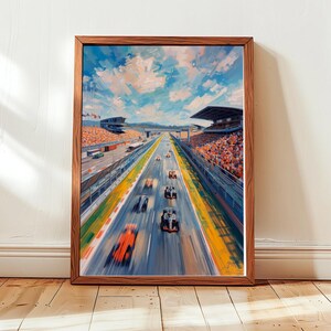 Poster vintage di sport motoristici, stampa di una scena di gara aerea, pennellate espressive, arte murale con auto in corsa