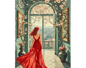 Figura de vestido rojo, lámina artística de paisaje urbano, decoración romántica de pared para puerta con flores.