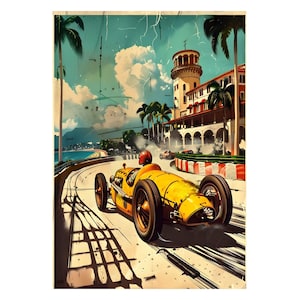 Stampa di corse retrò, auto gialla classica, palme, paesaggio costiero, decorazione murale