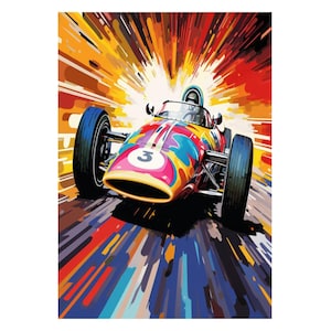 Può includere: Illustrazione astratta di un'auto da corsa d'epoca in movimento. L'auto, con il numero 3, è decorata con un motivo colorato. Lo sfondo presenta strisce dinamiche arancioni, gialle, rosse e blu, che suggeriscono velocità e movimento.
