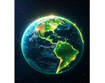 Poster La Terre vue de l'espace, Continents illuminés, Art de la communication mondiale, Impression de décoration technique