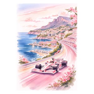 Può includere: Dipinto ad acquerello di una macchina da corsa di Formula 1 che sfreccia su una pista con uno sfondo di città costiera. L'auto è bianca e rossa, con pneumatici neri. La pista si snoda lungo la costa, con edifici e montagne sullo sfondo. Fiori rosa incorniciano la scena.