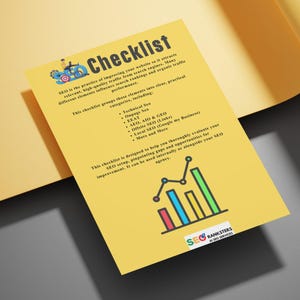 Puede incluir: Una lista de verificación amarilla titulada "Checklist" con información relacionada con SEO. La lista incluye categorías como SEO técnico y SEO fuera del sitio. Un gráfico de barras y el logotipo "SEO Ranksters" son visibles.