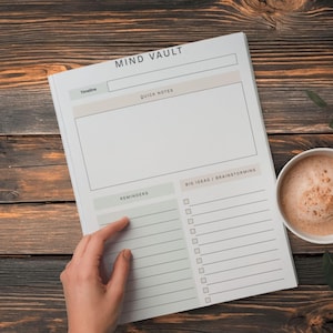 Peut inclure: Un bloc-notes blanc avec le texte "MIND VAULT" en haut. Le bloc-notes comporte des sections pour "Timeline", "Quick Notes", "Reminders" et "Big Ideas / Brainstorming". Une tasse de café est à droite. Le bloc-notes est sur une surface en bois.
