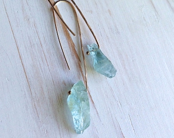 Raw Aquamarine Earrings: 14k Gold Filled Hoop Jewelry