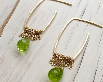 Peridot Earrings Peridot Teardrop Chain Hoop Gemstone Jewelry