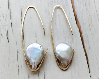 Freshwater Pearl Earrings: Gold Filled Hammered Hoops, June Birthstone