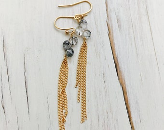 Rutilated Quartz Earrings Black Rutilated Quartz Dangle Chain Earrings Gemstone Jewelry