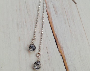 Pendientes de cuarzo rutilado negro: joyas de piedras preciosas en plata de ley