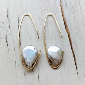 Freshwater Pearl Earrings: Gold Filled Hammered Hoops, June Birthstone