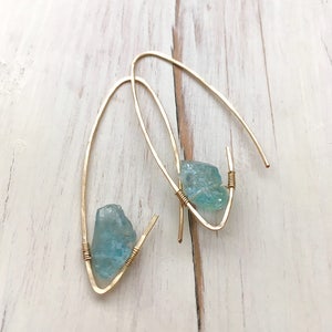 Raw Aquamarine Earrings: 14k Gold Filled Hoop, Natural Stone