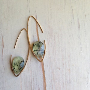 May include: A pair of gold earrings with green and black gemstone accents. The earrings are made of thin wire and have a simple, elegant design.