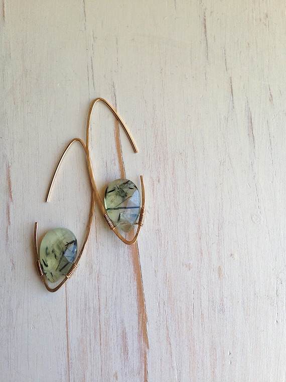 Gold Filled Green Rutilated Quartz Tear Hoop