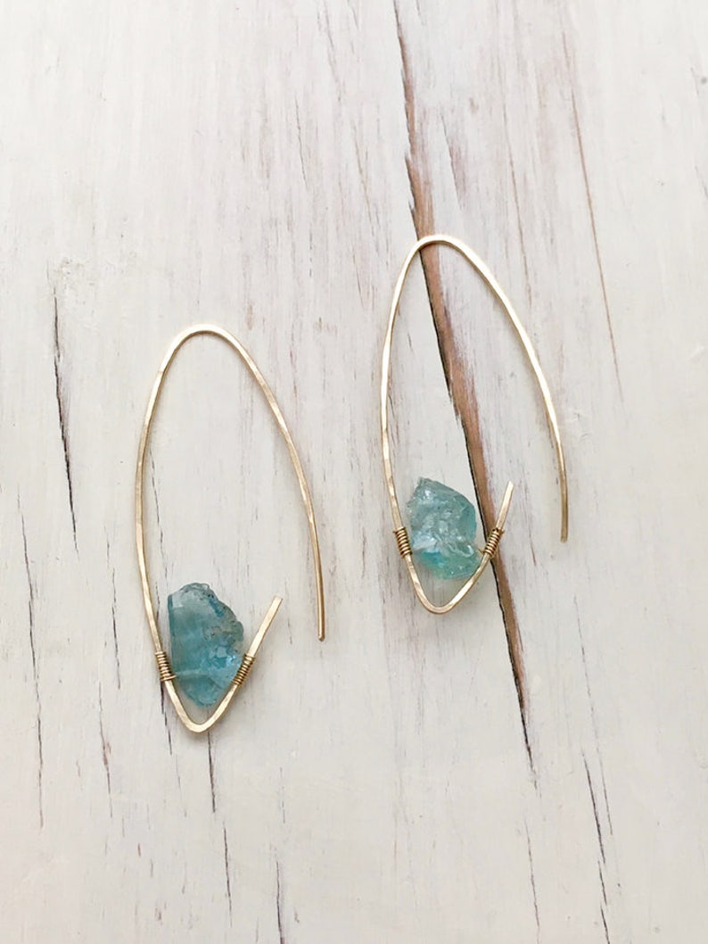 Aquamarine Earrings Aquamarine Raw Hoop Aquamarine Jewelry Etsy