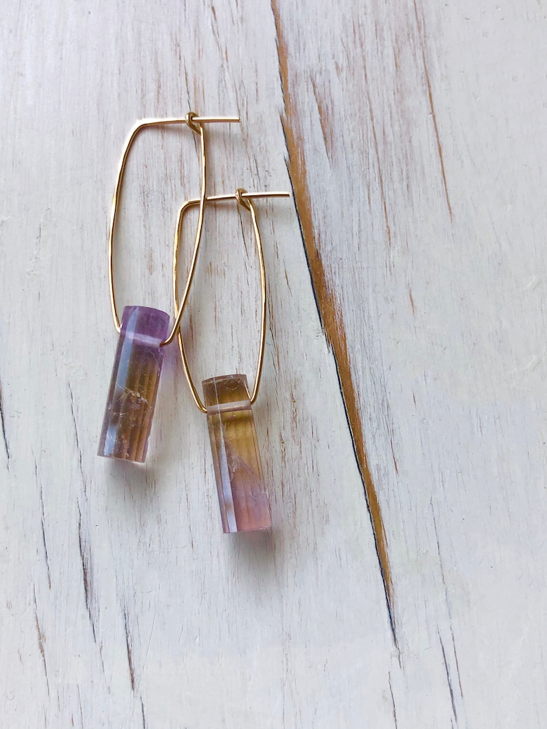 May include: A pair of gold hoop earrings with a purple and brown crystal pendant hanging from each hoop.