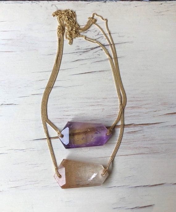 Ametrine Rutilated Quartz Iolite Bar Necklace: Geometric Gemstone