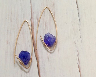 Raw Tanzanite Endless Hoop Earrings: 14k Gold Filled