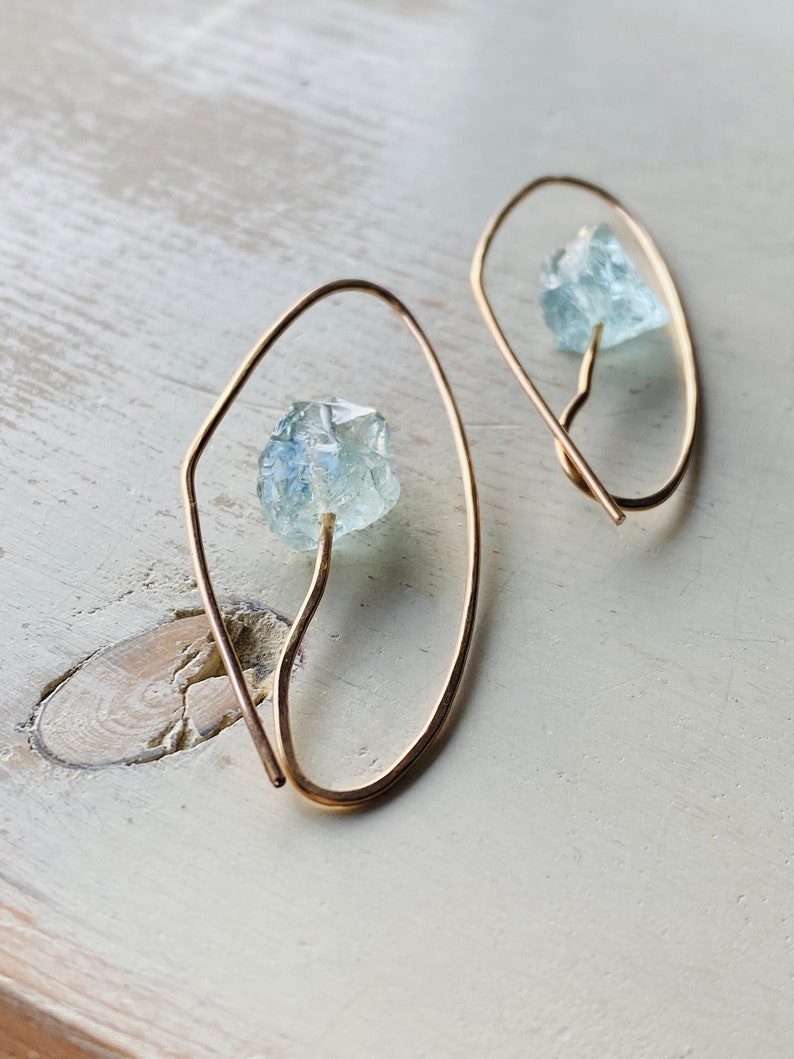 Aquamarine Stem Hoops Aquamarine earrings March Birthstone image 2