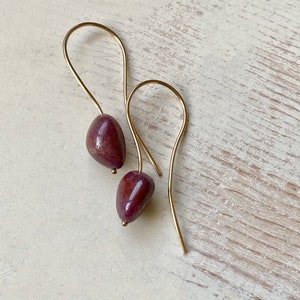 May include: A pair of gold earrings with a dark purple stone on each earring.