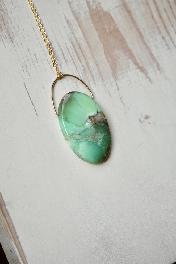 Chrysoprase Pendant Necklace: Gold Filled Chain, Natural Stone