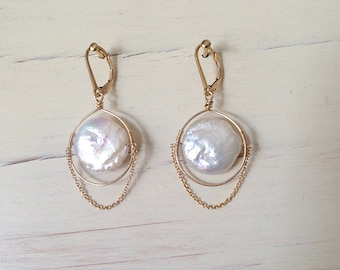Coin Pearl Earrings: 14k Gold Filled Wire Wrapped Freshwater Pearl