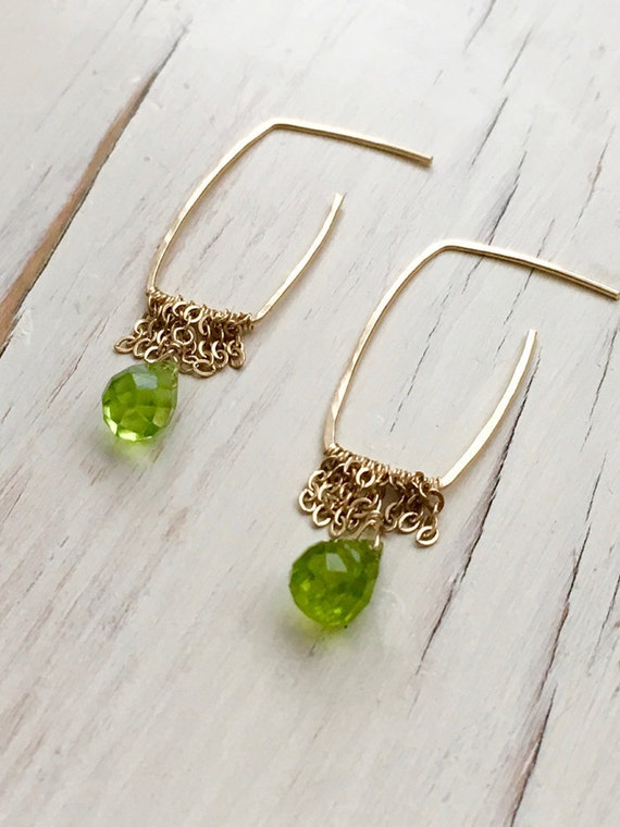 Peridot Earrings Peridot Teardrop Chain Hoop Gemstone Jewelry