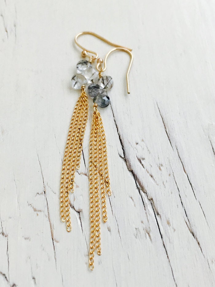 Rutilated Quartz Earrings Black Rutilated Quartz Dangle Chain Etsy