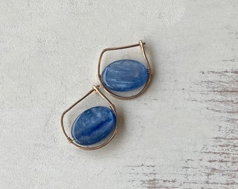 Blue Kyanite Frame Hoops Kyanite Earrings Gemstone Earrings Modern Jewelry