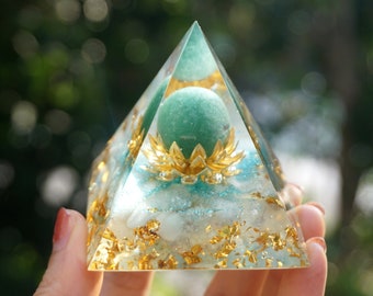 Orgone Pyramid Aquamarine & Blue Agate Crystal EMF Protection Balancing Pyramid Reiki Charged Energy Shri Yantra Chakra Healing Meditation 