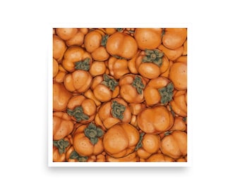May include: A square print featuring a dense arrangement of ripe persimmons. The fruits are a vibrant orange hue, with a smooth texture and a small green calyx at the top. The composition creates a visually appealing pattern.