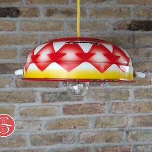 Up Cycled Enamel Light | Vintage Metal Geometric Pattern Lampshade | 50s Red Yellow & White Fruit Bowl Light | Repurposed Kitchen Light