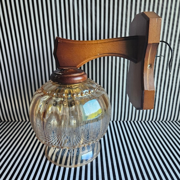 Vintage Amber Glass & Wood Wall Light | Clear Glass Sconce | Single Arm Fixture Solid Wood | Mid Century Modern Swag Wall Lamp