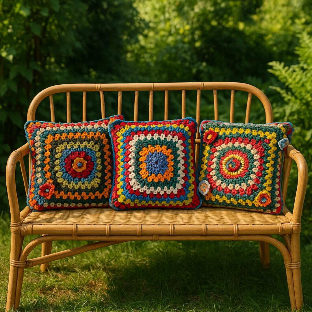 Trio of Hand Crocheted Cushions | Set of 3 Multicoloured Check & Floral ...