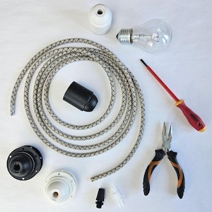 Cable de lámpara colgante DIY / Cable textil de lino natural / Patrón de rombos grises / 3 núcleos (compatible con 2 núcleos) / Kit de lámpara DIY personalizado / Portalámparas E27