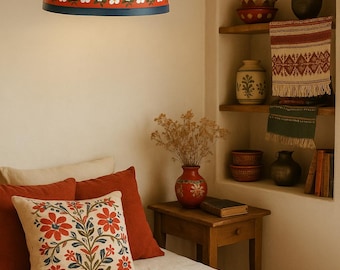 Up Cycled Bamboo Light | Floral Vintage Pendant Lamp | Steam Bent Wood Light | Yellow Twisted Textile Cable | Hand Painted Flower Lampshade