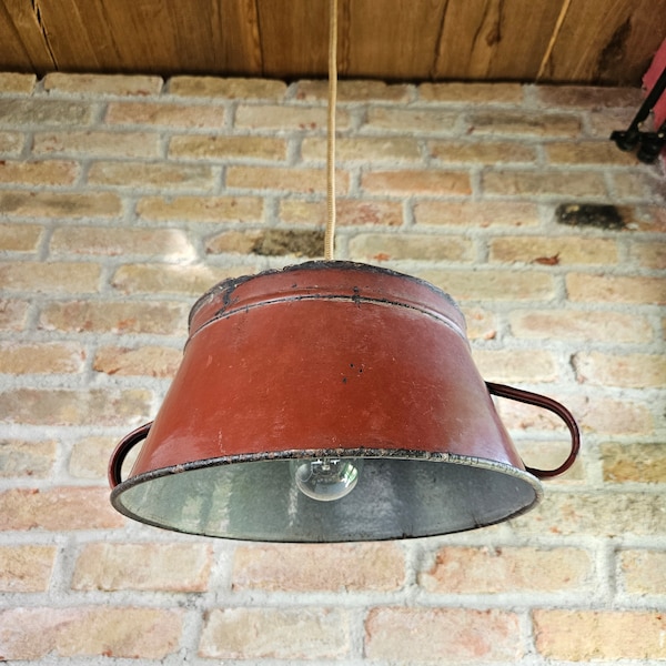 Up-Cycled Enamel Light | Vintage Metal Pendant Lamp | Extra Rustic Brown Colander Light | Repurposed Kitchen Light | Zig Zag Textile Cable