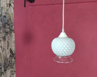 Vintage Glas Ananas Licht | Kleine Lampe im Hollywood-Regency-Stil | Facettierte, mattierte kleine Pendelleuchte | Lampenset aus rosa und natürlichem Leinen